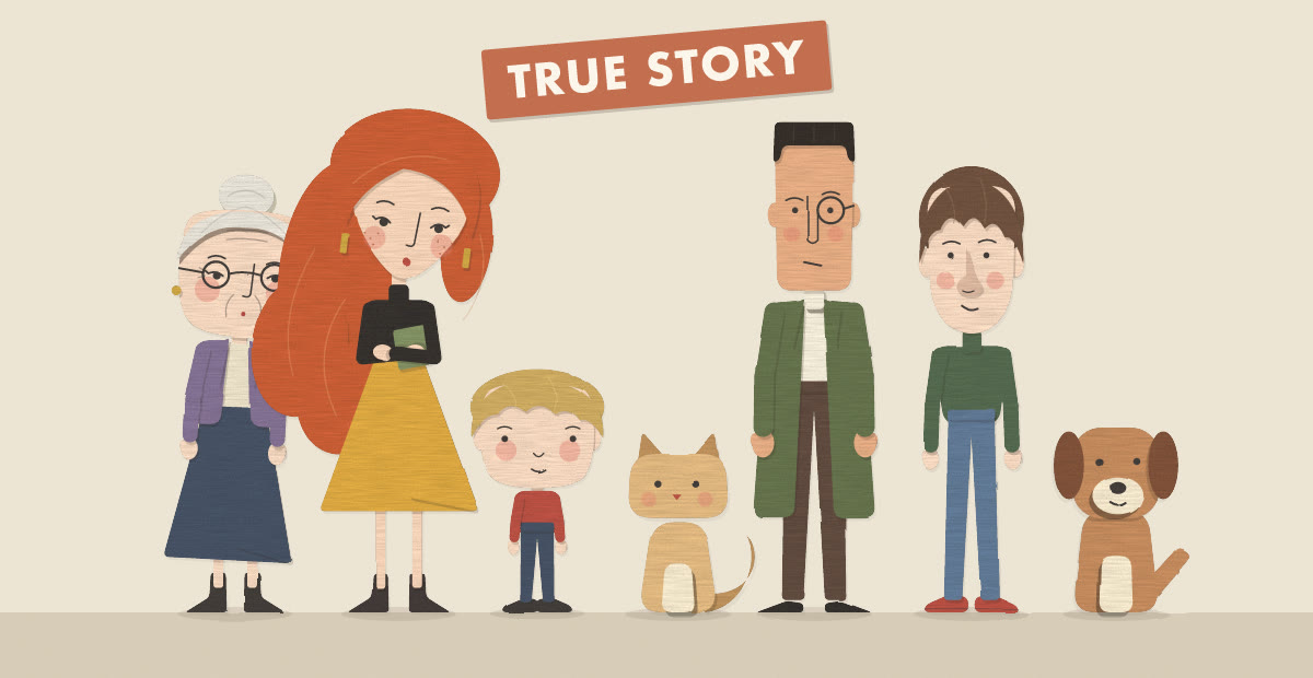 Paper-cut people of all ages, a cat and a dog, under a TRUE STORY stamp